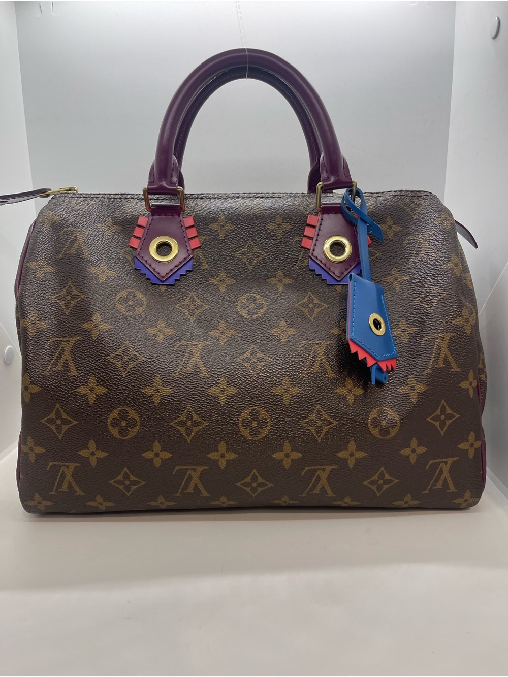 Louis Vuitton Brown Mono Satchel Purple Handles w/ Blue Charm (lock/key incld)